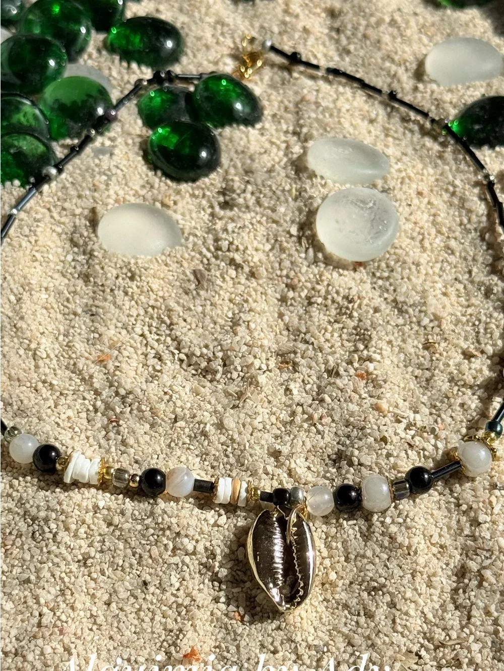 Gold Cowrie Shell Pendant Necklace with Black onyx and White agate Beads